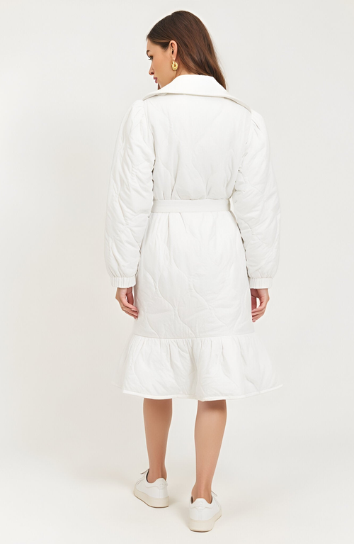Modenaire Quilted Longline Coat With Ruffle Trim And Tie Waist Belt In White