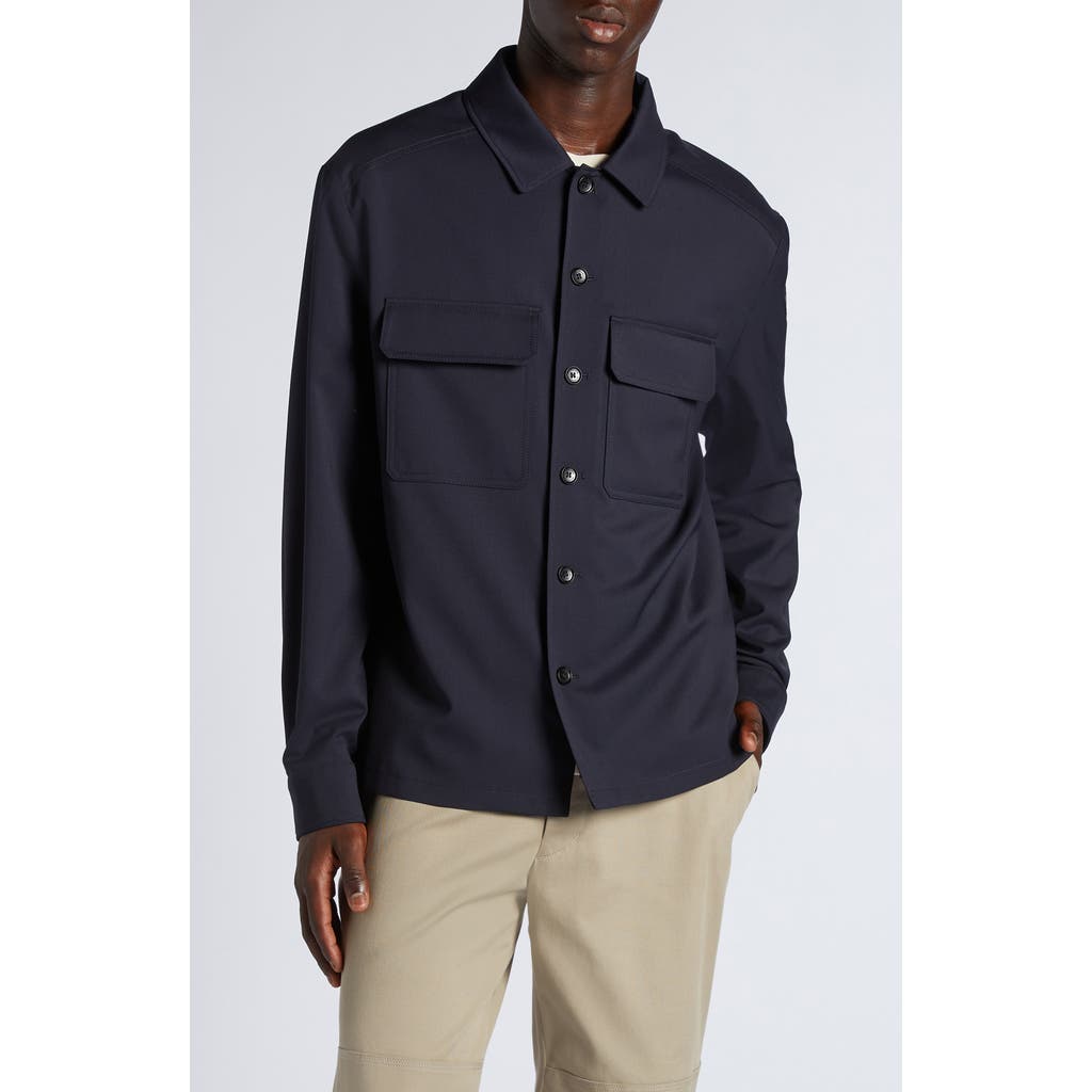 Moncler Stretch Virgin Wool Blend Overshirt In Deep Indigo
