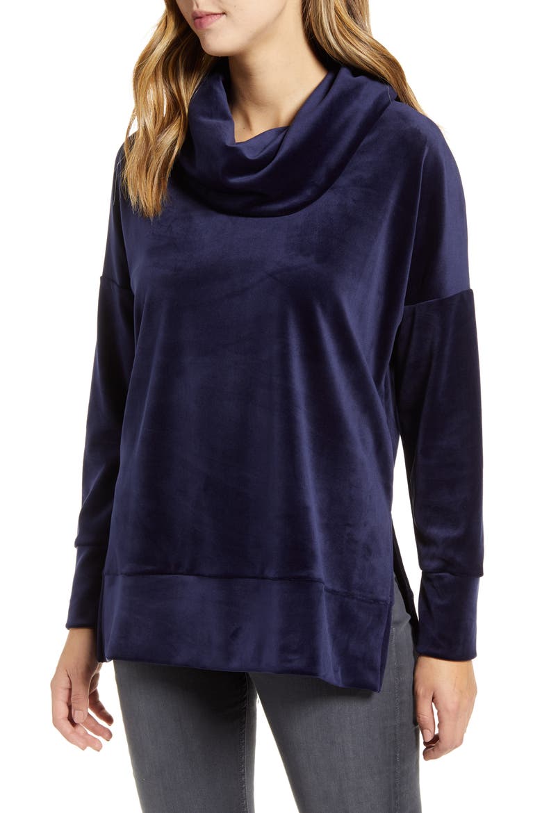 Velvet Cowl Neck Tunic Top, Main, color, NAVY