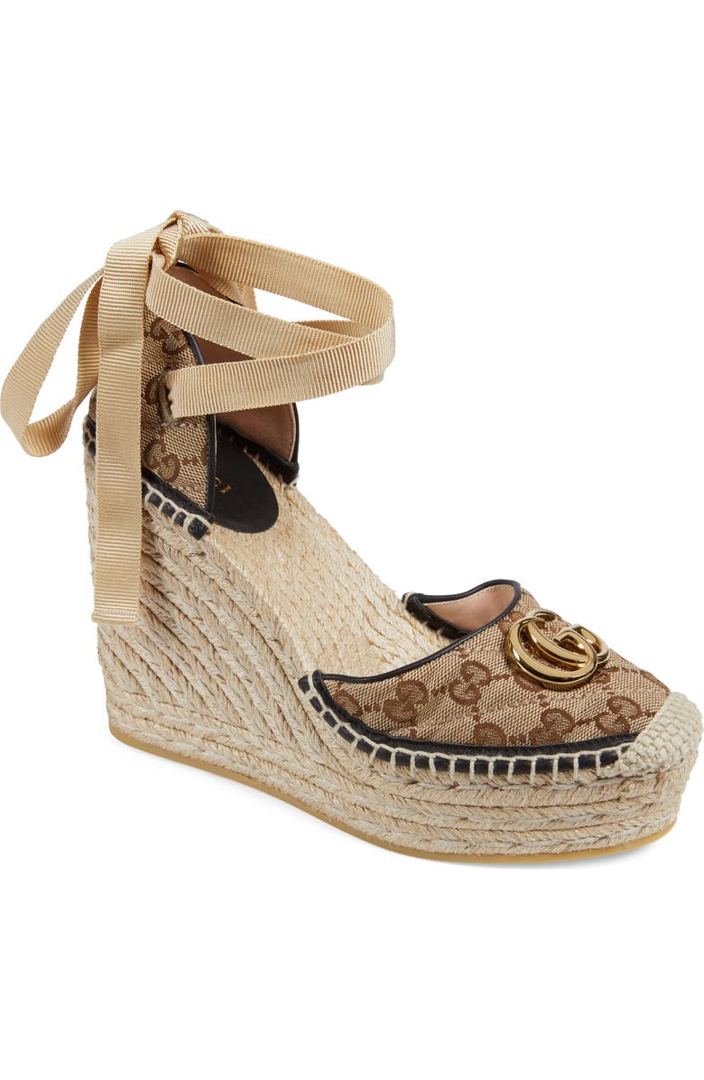 Gucci Pilar GG Ankle Tie Espadrille Platform Wedge, Main, color,