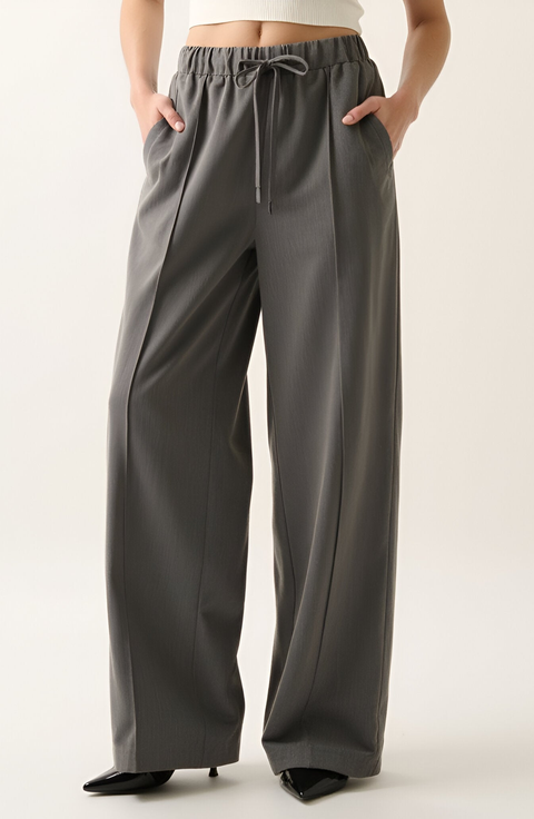 Wide-Leg Front-Seam Elastic Drawstring Waist Trousers