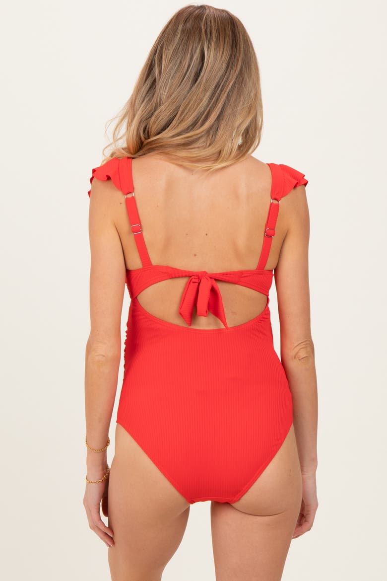 Ribbed Front Tie Cutout Ruched Maternity Swimsuit, Alternate, color, Red