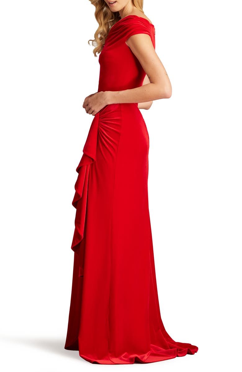Tadashi Shoji Asymmetric Neck Side Ruffle Velvet Gown, Alternate, color, 