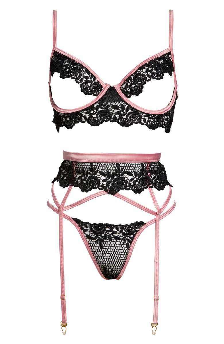 Roma Confidential Open Cup Underwire Bra, Thong & Garter Belt Set, Main, color, Black/ Pink