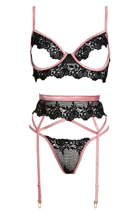 Open Cup Underwire Bra, Thong & Garter Belt Set