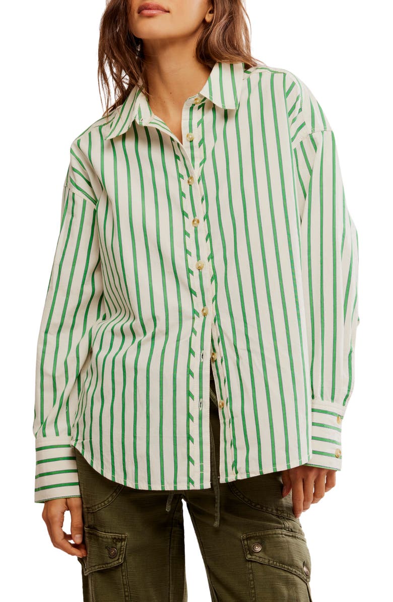 Free People Varsity Vibes Stripe Oversize Cotton Button-Up Shirt, Main, color, Green Combo