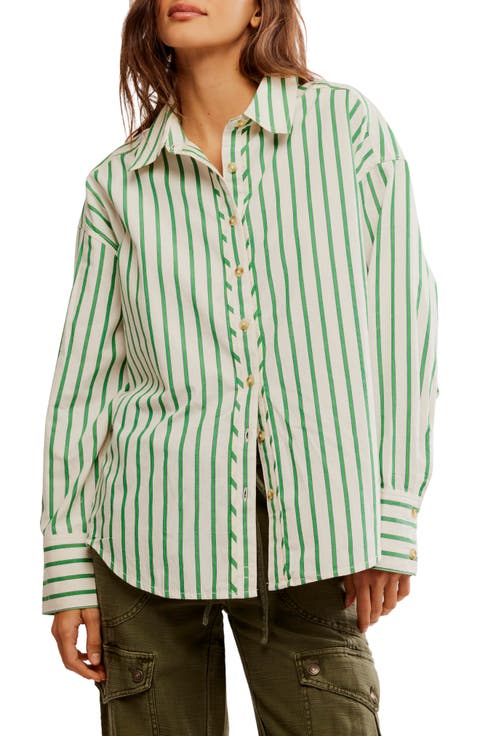 Varsity Vibes Stripe Oversize Cotton Button-Up Shirt