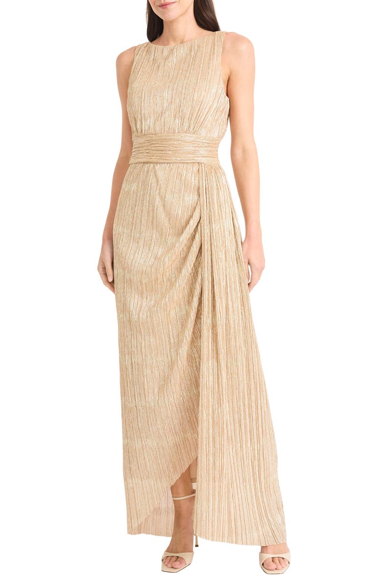 Maggy London Textured Metallic Side Ruched Gown, Main, color, Gold