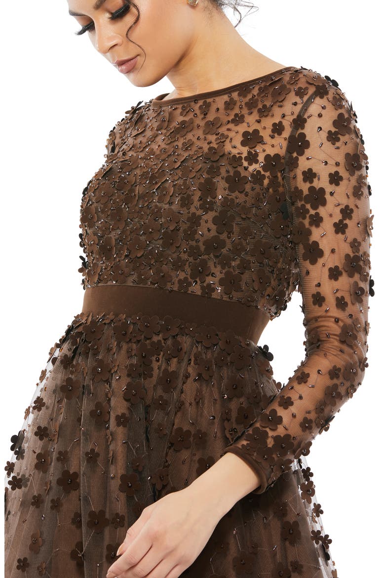 Embellished Illusion High Neck Long Sleeve Fit & Flare, Alternate, color, COFFEE