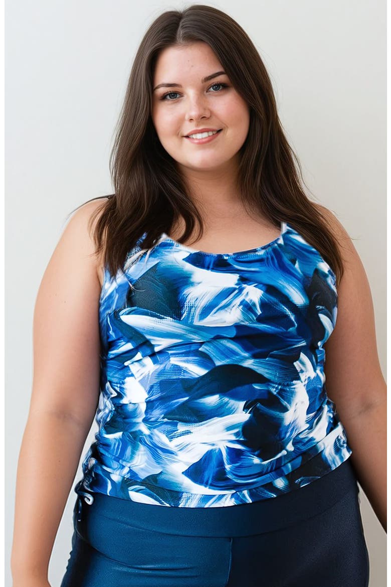 Plus Size Maya Tankini Swim Top With Built-in Bra, Main, color, Navy Wave