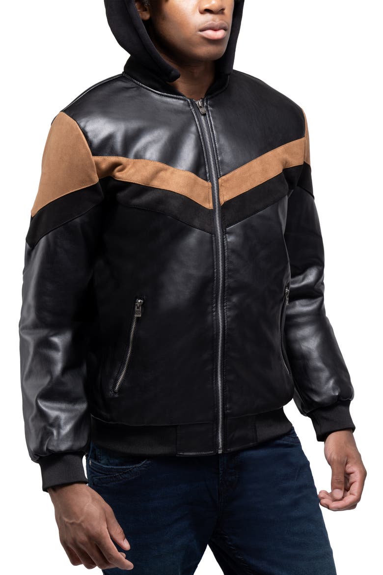 Hooded Faux Leather Jacket, Alternate, color, BLACK/ BROWN