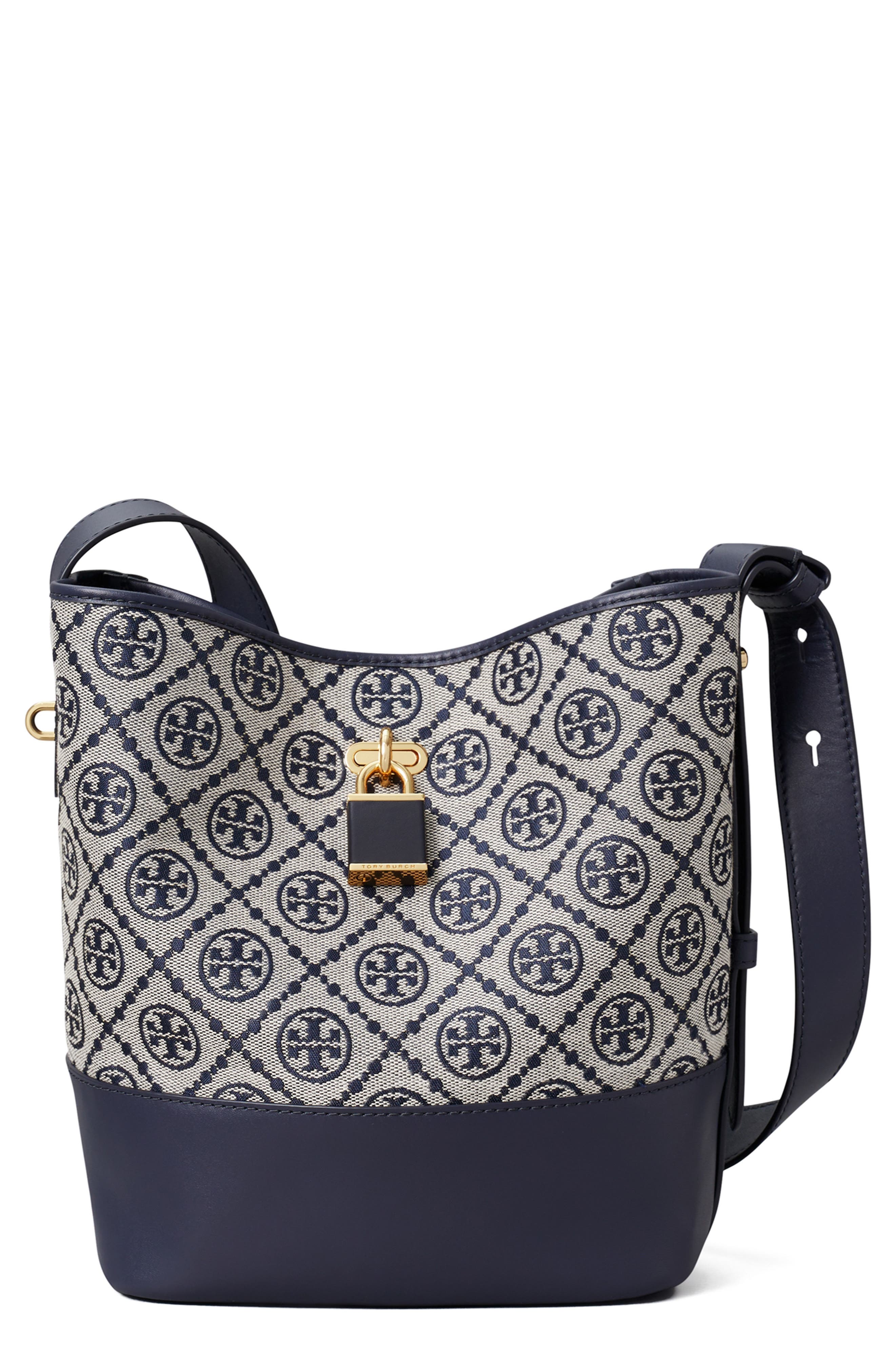 Tory Burch Medium Lock T Monogram Bucket Bag, Main, color, Tory Navy