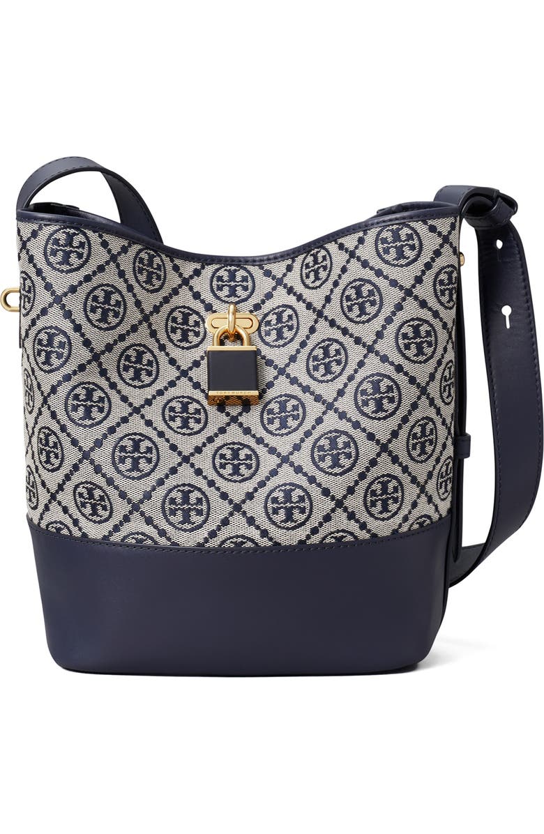 Tory Burch Medium Lock T Monogram Bucket Bag, Main, color, Tory Navy