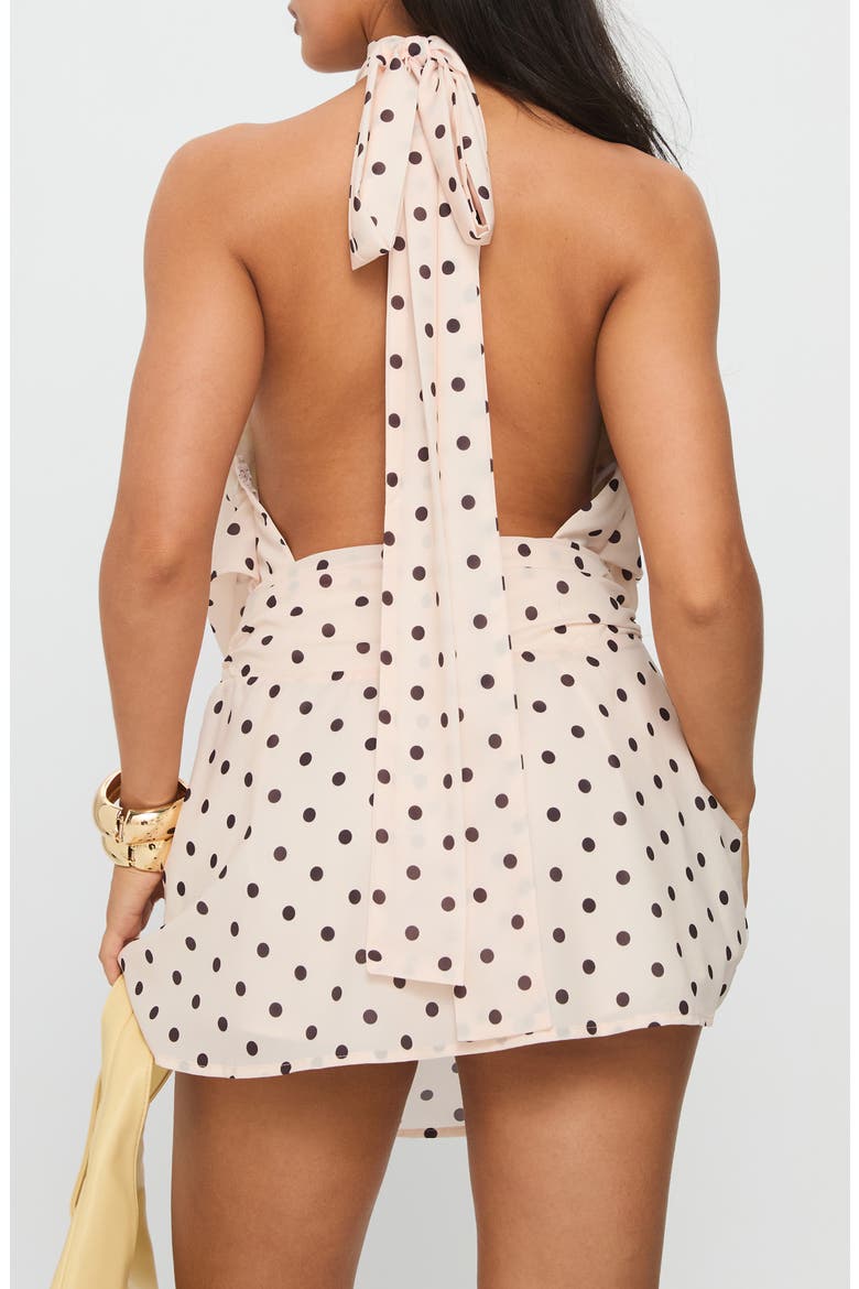 Natalea Polka Dot Halter Skirted Romper, Alternate, color, CREAM / BROWN POLKA