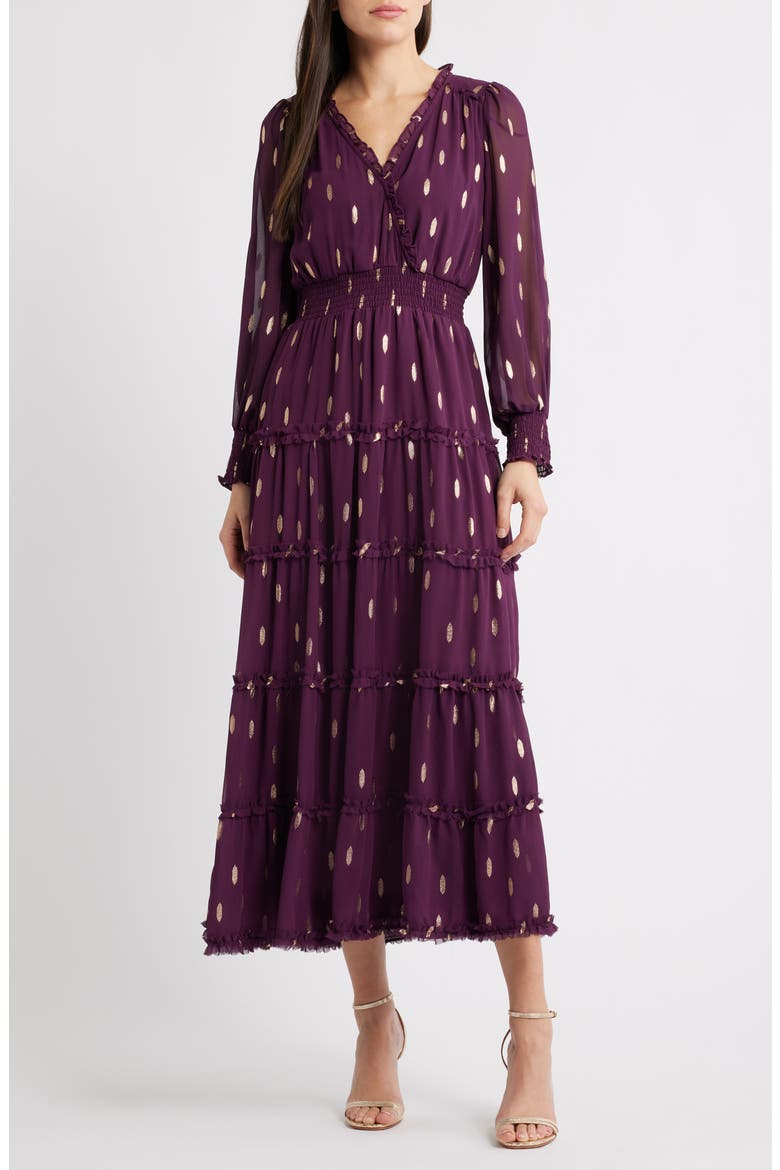 Metallic Fleck Long Sleeve Tiered Dress, Main, color, MERLOT