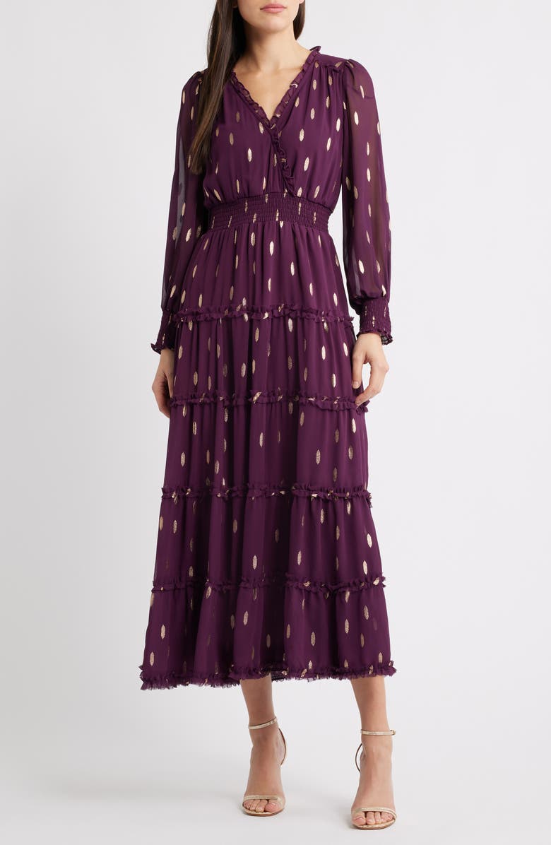 Halogen<sup>®</sup> Metallic Fleck Long Sleeve Tiered Dress, Main, color, Merlot