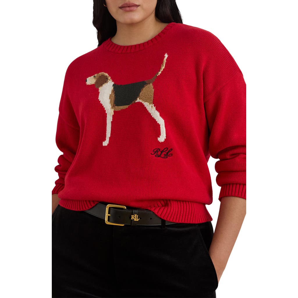Ralph Lauren Lauren  Foxhound Cotton Intarsia Sweater In Red