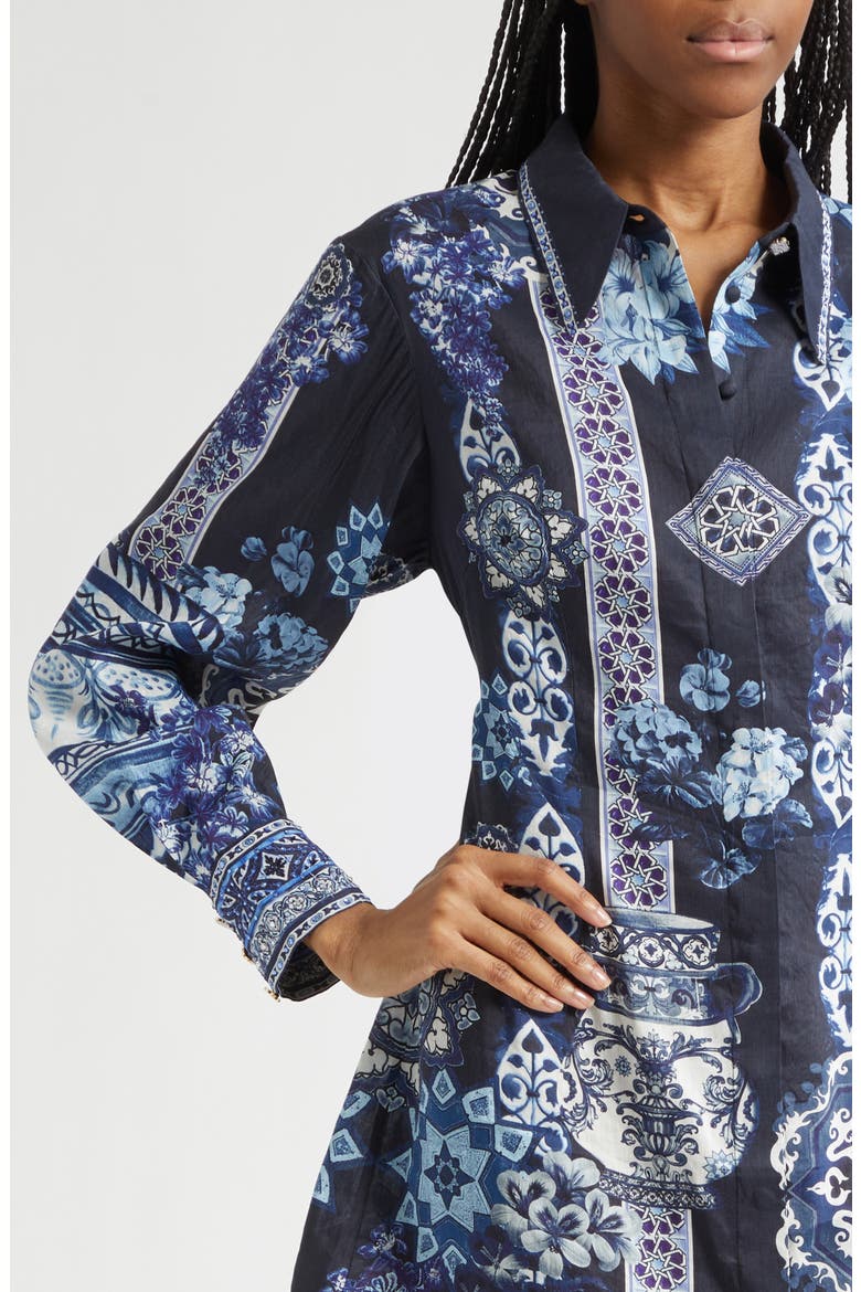 A Tiled Wonderland Long Sleeve Linen & Silk Twill Shirtdress, Alternate, color, A TILED WONDERLAND