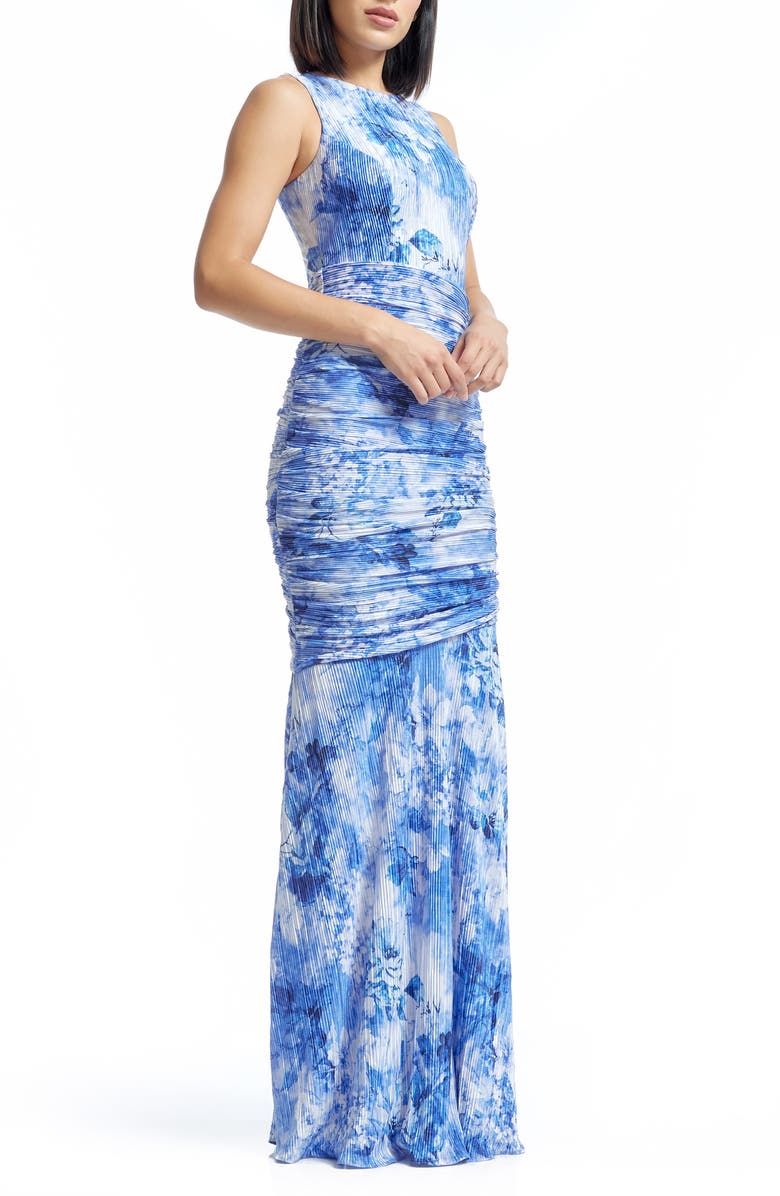 Dress the Population Violetta Plissé Floral Print Trumpet Gown, Alternate, color, Cerulean Blue Multi