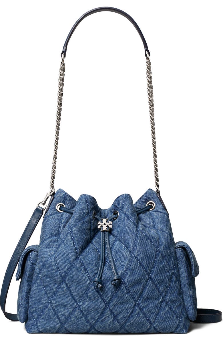 Tory Burch Charlie Quilted Denim Drawstring Shoulder Bag, Main, color, Blue