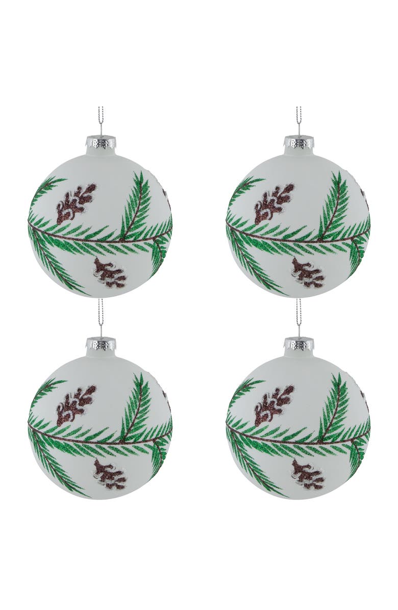Northlight Glittered Glass Ball Christmas Ornaments with Pine Cones - 4" (100mm) - 4ct, Main, color, Green