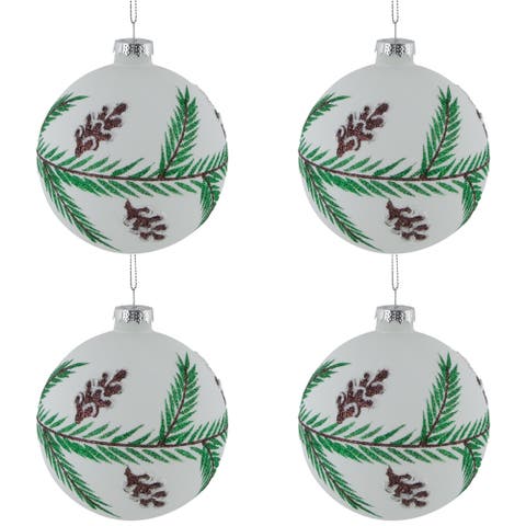 Glittered Glass Ball Christmas Ornaments with Pine Cones  - 4" (100mm) - 4ct