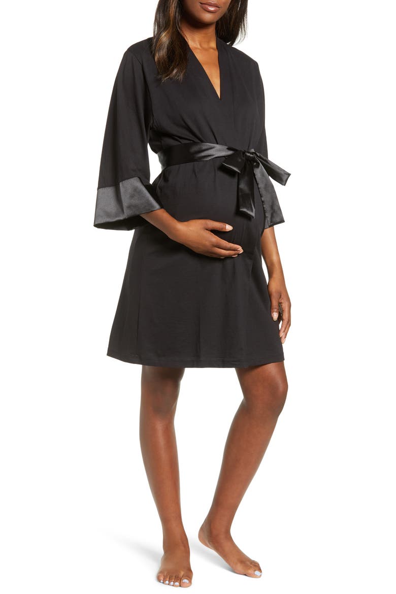 Maternity/Nursing Robe, Main, color, BLACK SATIN