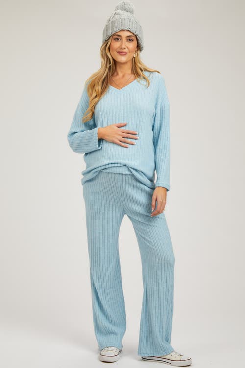 Pinkblush Ribbed Soft Knit Long Sleeve Pajama Set In Blue