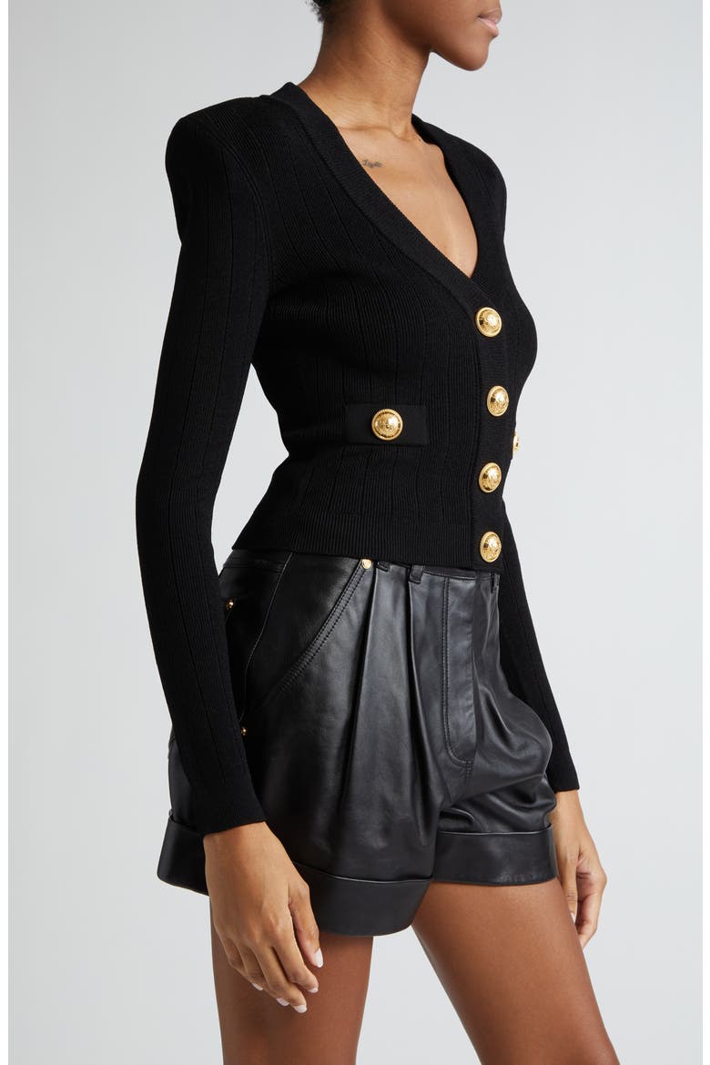 V-Neck Crop Pointelle Rib Cardigan, Alternate, color, BLACK
