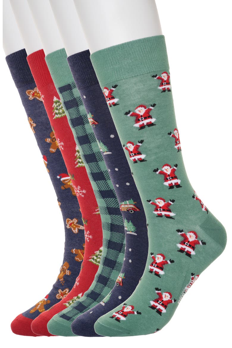 5-Pack Holiday Gingerbread Folk Crew Socks, Main, color, NAVY