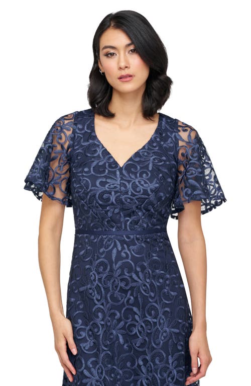 Js Collections Jess Embroidered Flutter Sleeve Cocktail Dress In Blue