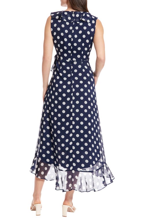 London Times Polka Dot Sleeveless Faux Wrap Chiffon Dress In Navy White