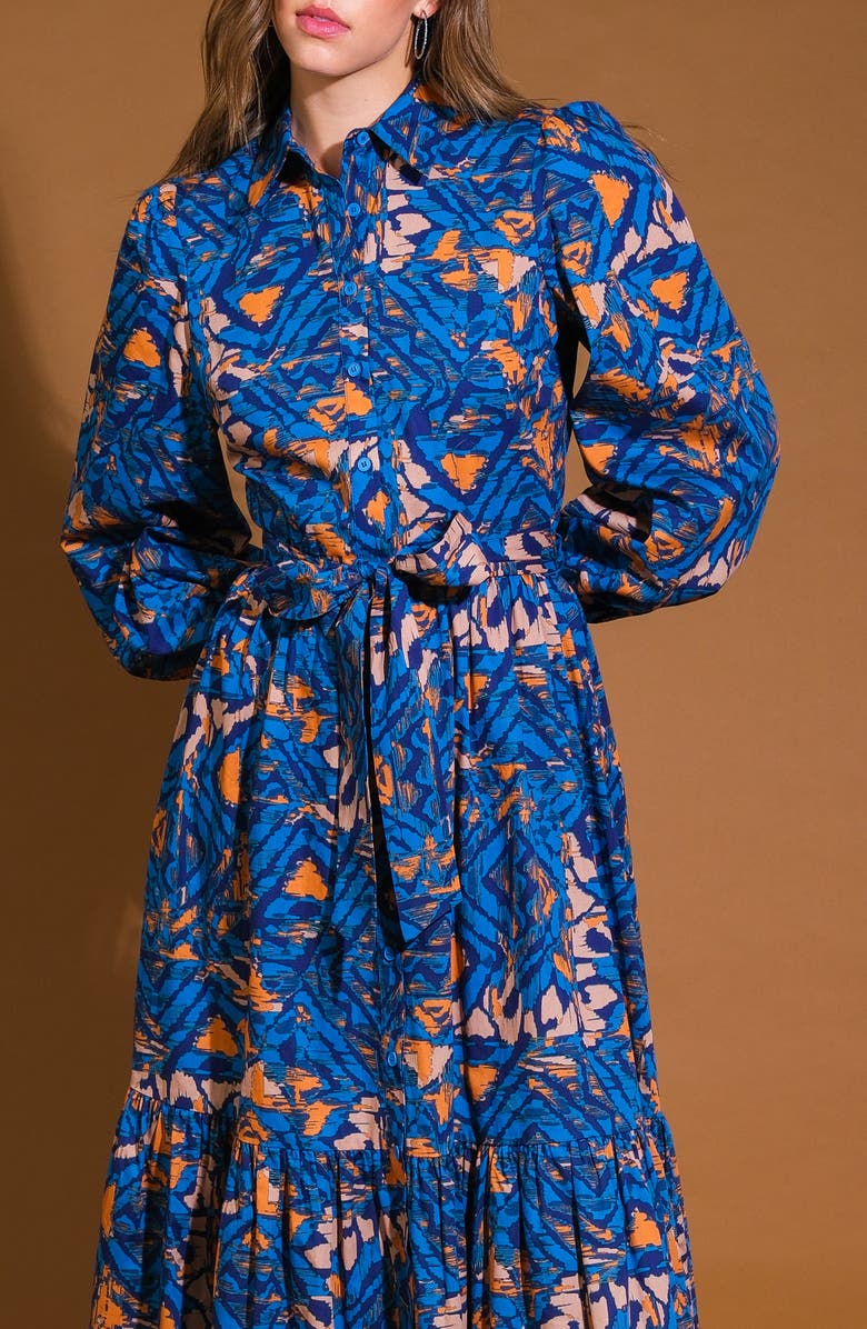 FLYING TOMATO Print Long Sleeve Cotton Midi Shirtdress, Alternate, color, Blue Rust