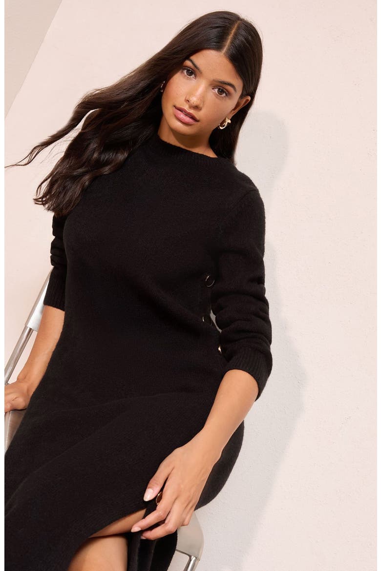 Side Button Long Sleeve Sweater Dress, Alternate, color, BLACK