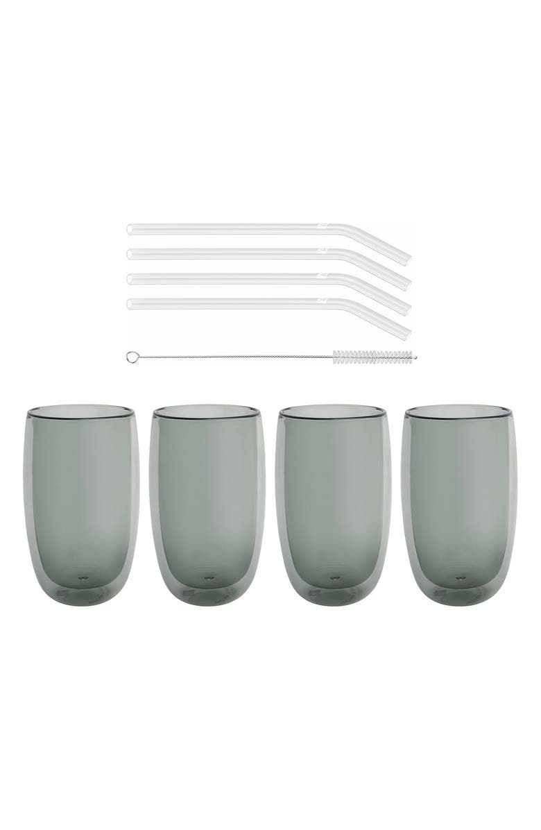 ZWILLING Sorrento 8-Piece Double Wall Latte Glasses, Straws and Brush Set, Main, color, Gray