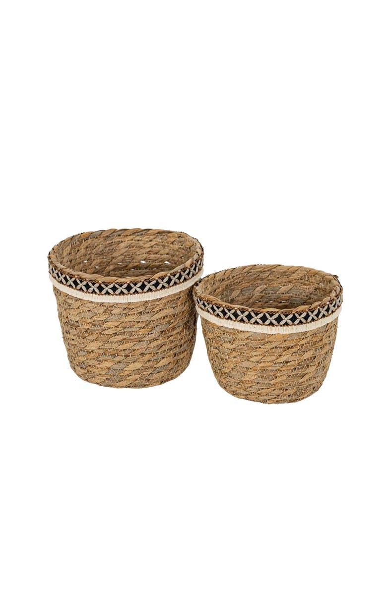 Foreside Home and Garden Set of 2 Embroidered Rim Baskets Natural Seagrass & Jute, Alternate, color, Brown
