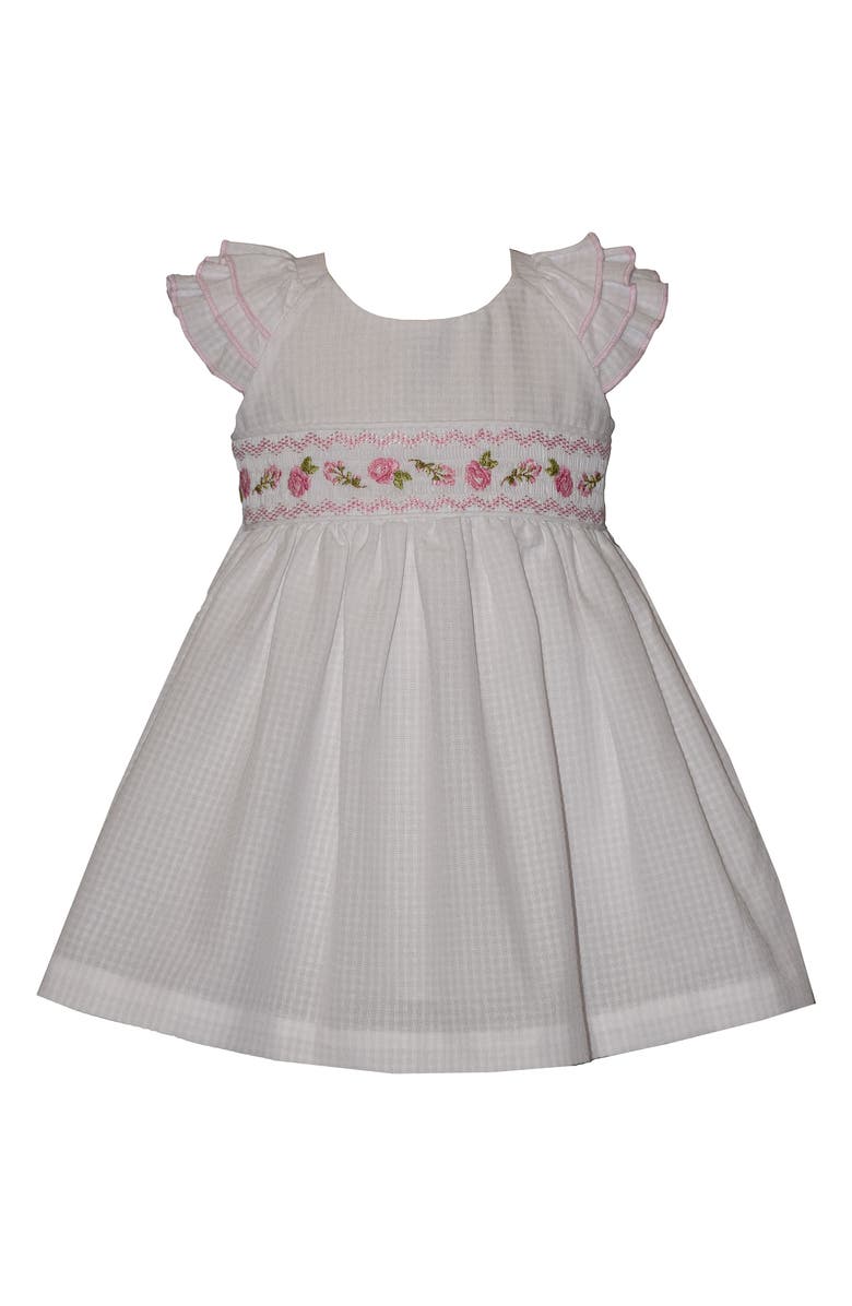 GERSON & GERSON Rose Embroidered Smocked Dress, Main, color, White