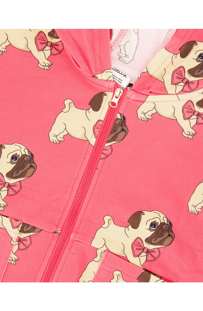 Deux par Deux Girl's Fleece Hooded Cardigan Magenta Printed Pug, Alternate, color, 