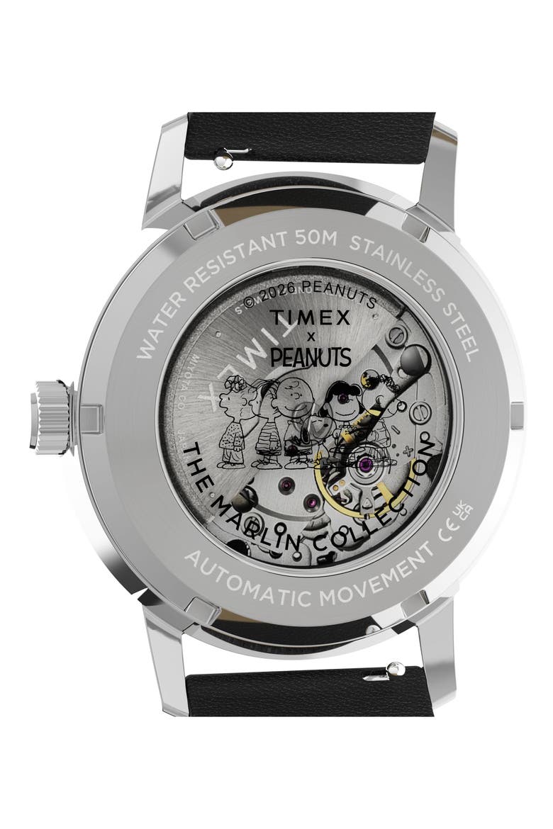 Peanuts® x Timex Marlin® Automatic 40mm Leather Strap Watch, Alternate, color, SILVER-TONE