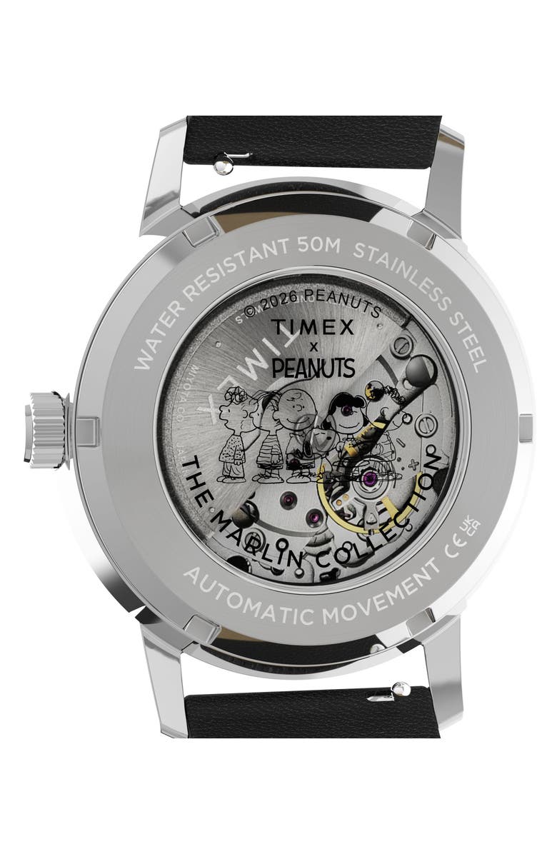 Timex<sup>®</sup> Peanuts<sup>®</sup> x Timex Marlin<sup>®</sup> Automatic 40mm Leather Strap Watch, Alternate, color, Silver-Tone