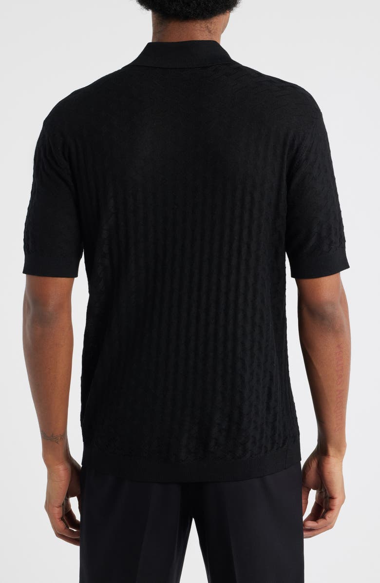 Emporio Armani Basket-Weave Stitch Johnny Collar Virgin Wool Polo Sweater, Alternate, color, Solid Black
