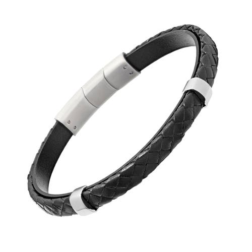 Link Up Braided Leather Bracelet with Stainless Steel Detail in Black  product