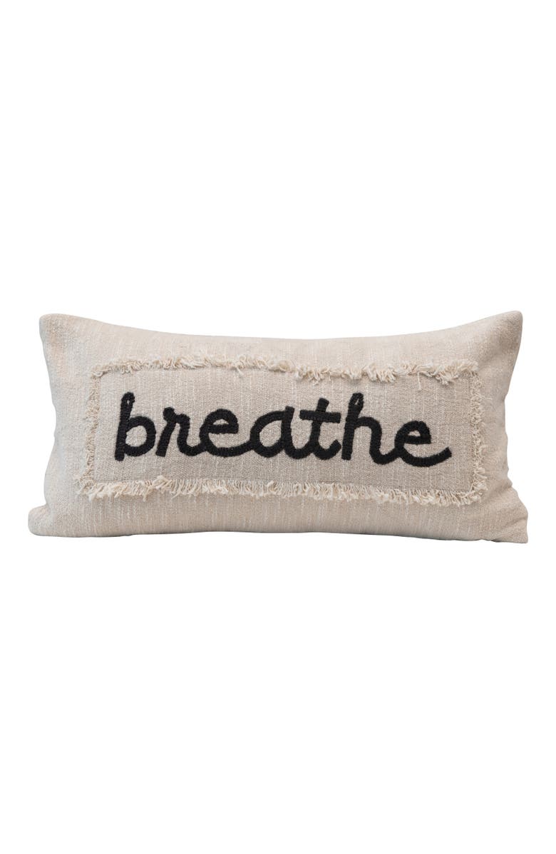 Storied Home Embroidered Lumbar Pillow with Eyelash Fringe and "Breathe" Design, Main, color, Charcoal