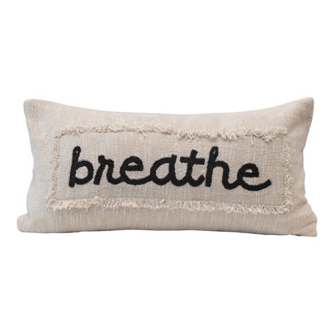 Embroidered Lumbar Pillow with Eyelash Fringe and "Breathe" Design
