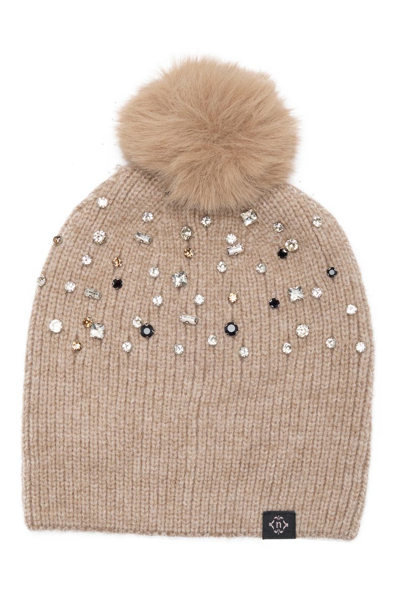 Crystal Embellished Faux Fur Pom Beanie, Main, color, TAUPE