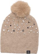 Nanette Lepore Crystal Embellished Faux Fur Pom Beanie