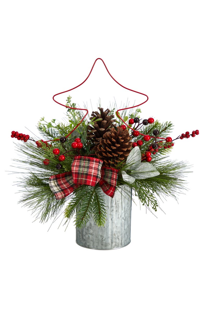 NEARLY NATURAL 17-in Pinecone and Berries Artificial Christmas Arrangement with Decorative Metal Vase and Wire Red Christmas Tree, Main, color, Green