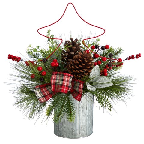 17-in Pinecone and Berries Artificial Christmas Arrangement with Decorative Metal Vase and Wire Red Christmas Tree