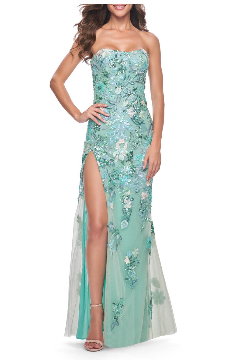 La Femme Multi Color Lace Floral Applique on Fitted Strapless Sage Gown, Main, color, Sage