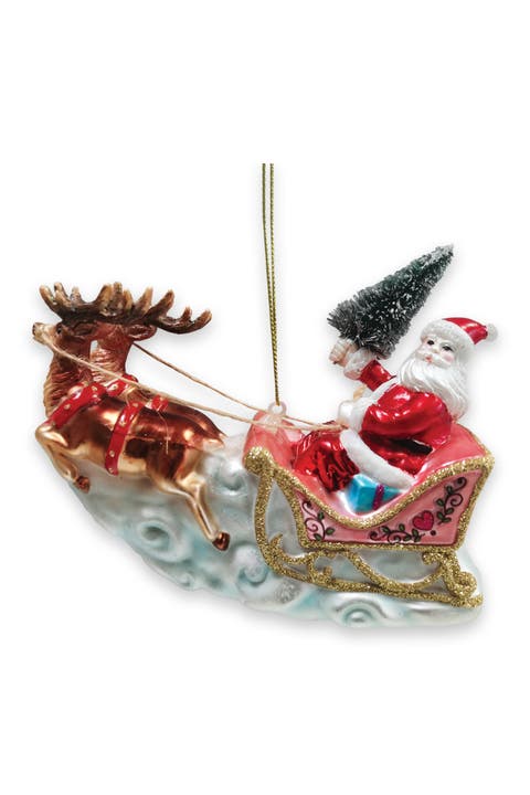 Santa Sleigh And Reindeer Glass Ornament